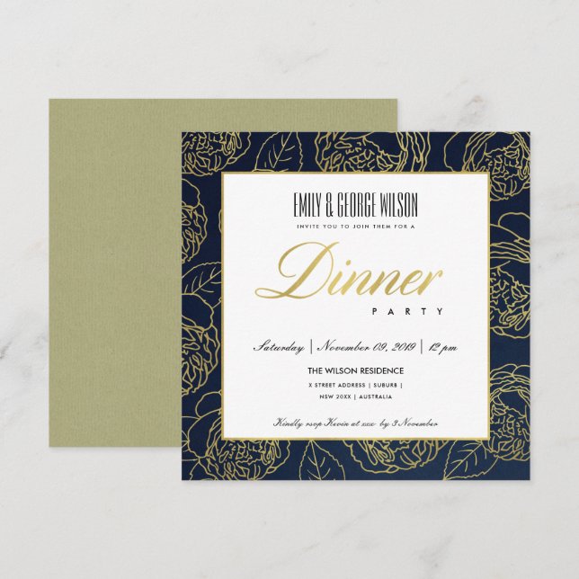 LUXE LUSH NAVY IMITATS GOLD ROSE FLORAL DINNER PAR EINLADUNG (Vorne/Hinten)