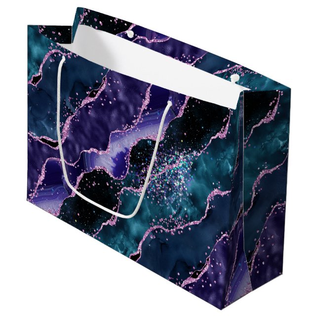 Luxe Marble Crystal Purple Teal Glitter Agate Große Geschenktüte (Vorderseite Schrägansicht)