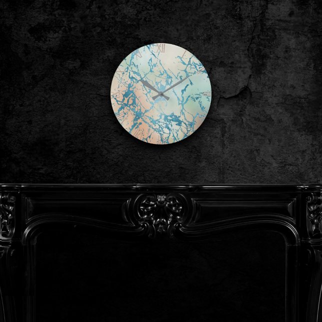 Luxe Marble | Schöne Gelb-und Korallenvene Aquamar Runde Wanduhr (Von Creator hochgeladen)