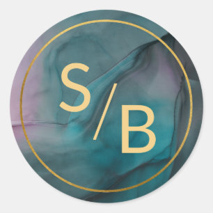 Luxe Marble Tinte Wash Jewel Tones mit Monogramm Runder Aufkleber