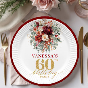Luxe Marsala Gold Floral Herbst 60. Geburtstag Pap Pappteller