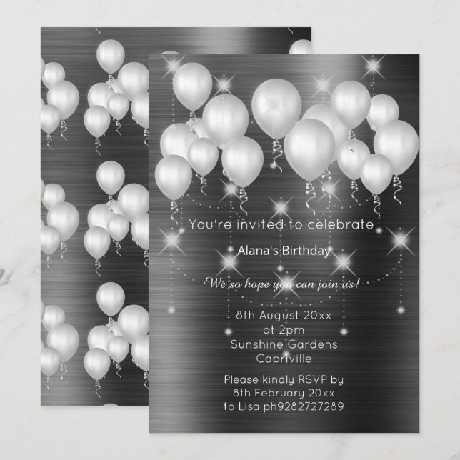 LUXE METALLIC BLACK BALLOON BIRTHDAINVITATION EINLADUNG (Vorne/Hinten)