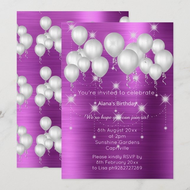 LUXE METALLIC LILA BALLOON BIRTHDAINVITATION EINLADUNG (Vorne/Hinten)