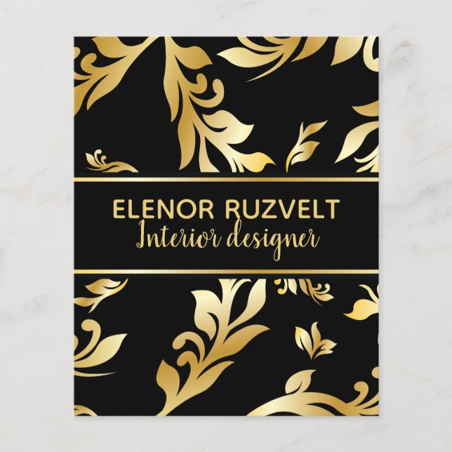 Luxe moderne florale schwarze goldene Damast elega Flyer (Vorne)