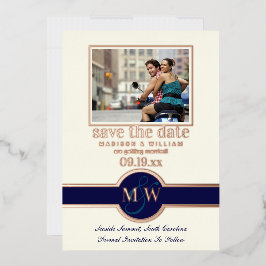 Luxe Monogram Foto Save the Date Navy Rose Gold Folieneinladung