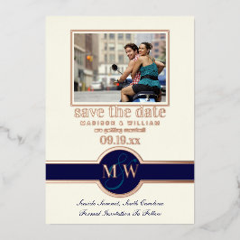 Luxe Monogram Foto Save the Date Navy Rose Gold Folieneinladung