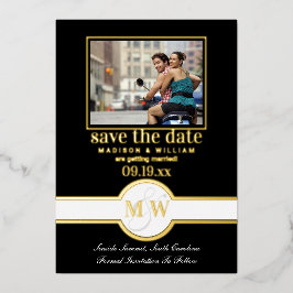 Luxe Monogram Foto Save the Date Schwarz und Gold Folieneinladung