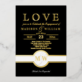 Luxe Monogram LIEBE Engagement Party Black and Gol Folieneinladung