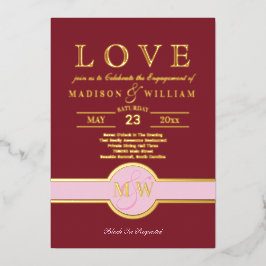 Luxe Monogram LIEBE Engagement Party Burgundy Gold Folieneinladung