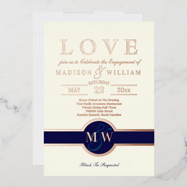 Luxe Monogram LIEBE Engagement Party Rose Gold Folieneinladung (Briefumschlag)