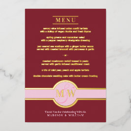 Luxe Monogram Modern Elegante Menu Burgundy Gold Folieneinladung