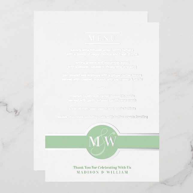 Luxe Monogram Modern Elegante Menu Green Silver Folieneinladung (Vorderseite/Rückseite)