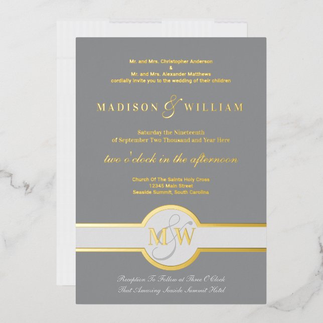 Luxe Monogram Moderne Hochzeit Grau und Gold Folieneinladung (Briefumschlag)