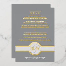 Luxe Monogram Modernes elegantes Menü Grau und Gol Folieneinladung