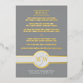 Luxe Monogram Modernes elegantes Menü Grau und Gol Folieneinladung