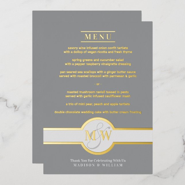 Luxe Monogram Modernes elegantes Menü Grau und Gol Folieneinladung (Vorderseite/Rückseite)