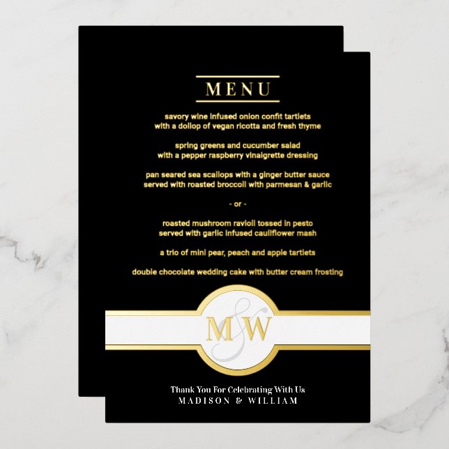 Luxe Monogram Modernes elegantes Menü Schwarz und  Folieneinladung (Vorderseite/Rückseite)