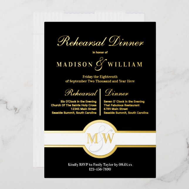 Luxe Monogram Probe Dinner Black and Gold Folieneinladung (Briefumschlag)