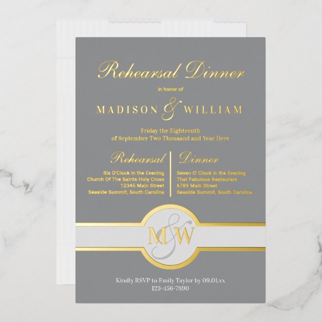 Luxe Monogram Probe Dinner Grau und Gold Folieneinladung (Briefumschlag)