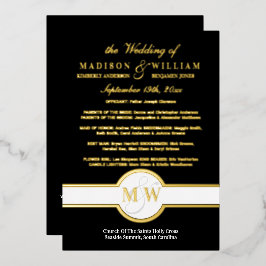 Luxe Monogram Wedding Program Black and Gold Folieneinladung