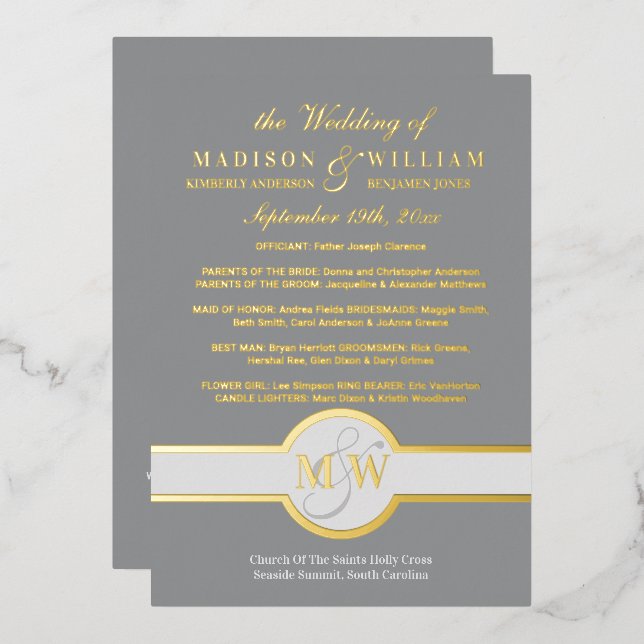 Luxe Monogram Wedding Program Grau and Gold Folieneinladung (Vorderseite/Rückseite)