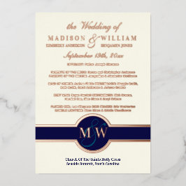 Luxe Monogram Wedding Program Navy Rose Gold Folieneinladung