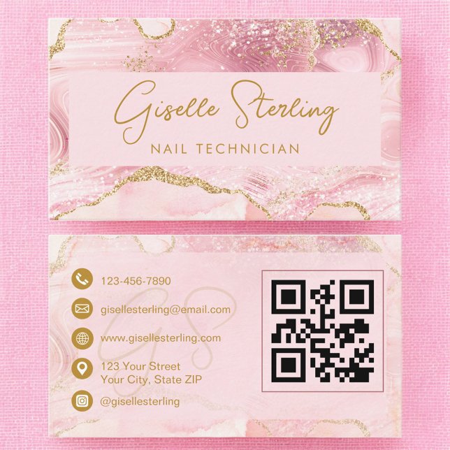 Luxe Nail Technician Blush Pink Gold Agate QR Code Visitenkarte (Von Creator hochgeladen)