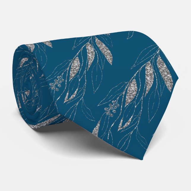 LUXE NAVY BLUE SILVER EUCALYPTUS BOTANISCHE KRAWAT KRAWATTE (Gerollt)