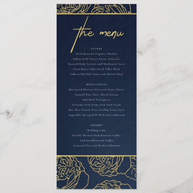 LUXE NAVY FAUX GOLD KRAFT ELEGANT MENU FLORAL ROSE (Devant)