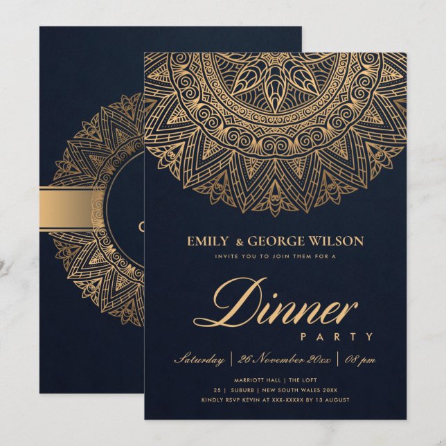 LUXE NAVY GOLD CLASSIC VERZIERT MANDALA DINNER PAR EINLADUNG (Vorne/Hinten)
