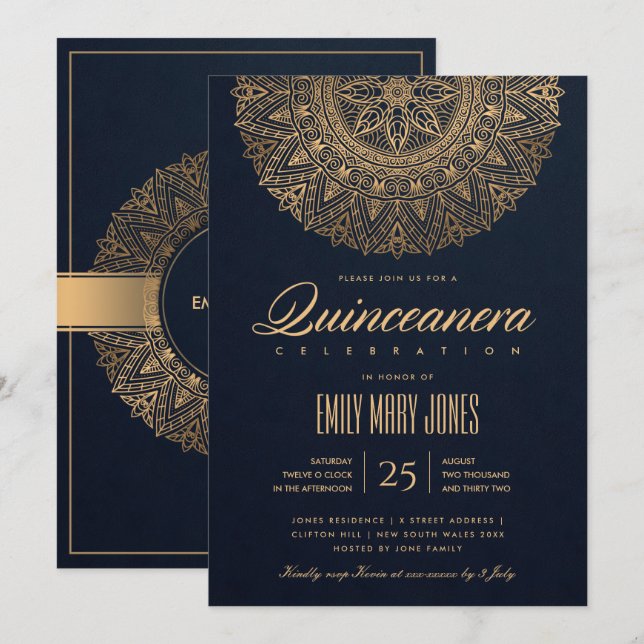 LUXE NAVY GOLD CLASSIC VERZIERT MANDALA QUINCEANER EINLADUNG (Vorne/Hinten)