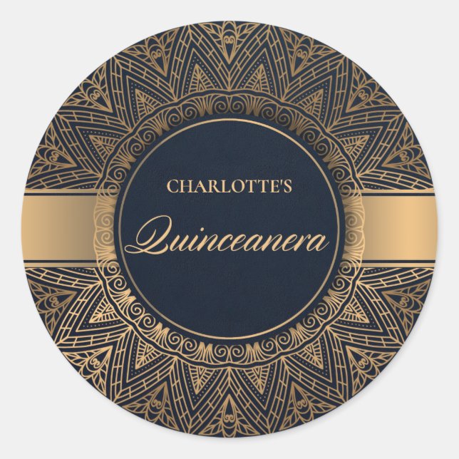 LUXE NAVY GOLD CLASSIC VERZIERT MANDALA QUINCEANER RUNDER AUFKLEBER (Vorderseite)