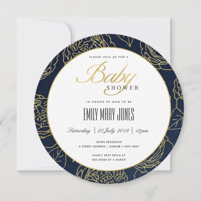 LUXE NAVY GOLD ELEGANT ROSE FLORAL BABY DUSCHE EINLADUNG (Vorderseite)