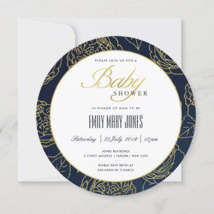 LUXE NAVY GOLD ELEGANT ROSE FLORAL BABY DUSCHE EINLADUNG