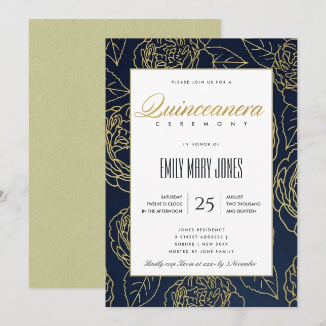 LUXE NAVY GOLD ELEGANTE ROSE FLORAL QUINCEANERA EINLADUNG (Vorne/Hinten)