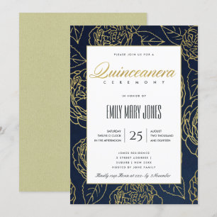 LUXE NAVY GOLD ELEGANTE ROSE FLORAL QUINCEANERA EINLADUNG
