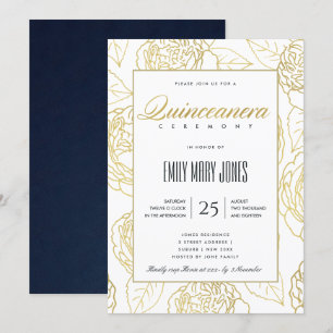 LUXE NAVY GOLD ELEGANTE ROSE FLORAL QUINCEANERA EINLADUNG