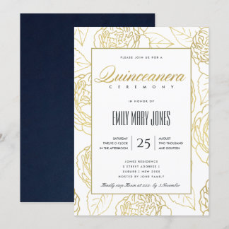 LUXE NAVY GOLD ELEGANTE ROSE FLORAL QUINCEANERA EINLADUNG