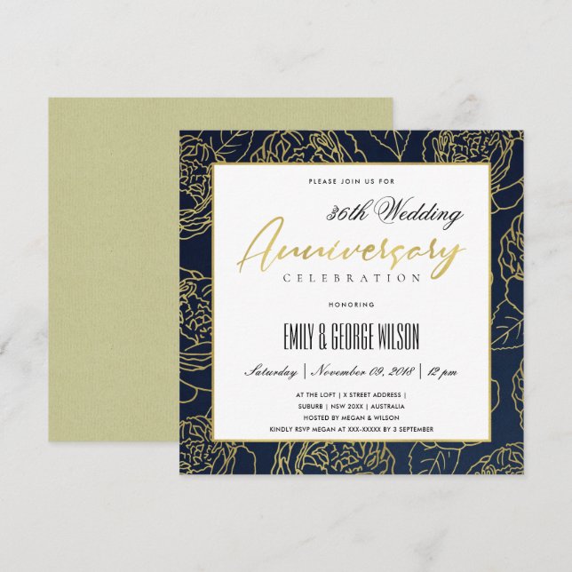 LUXE NAVY GOLD ROSE FLORAL JEDES JAHR JAHR EINLADUNG (Vorne/Hinten)