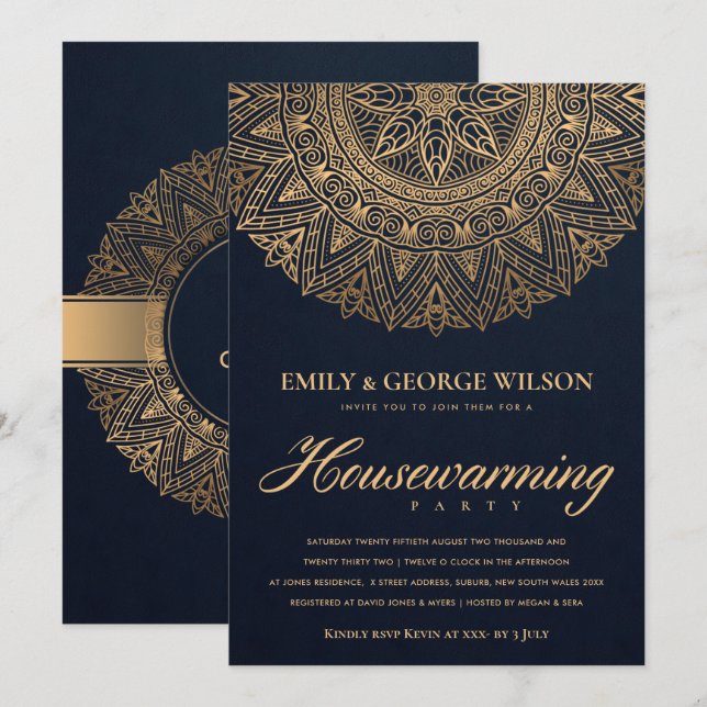 LUXE NAVY GOLD VERZIERT MANDALA HOUSEWARMING PARTY EINLADUNG (Vorne/Hinten)