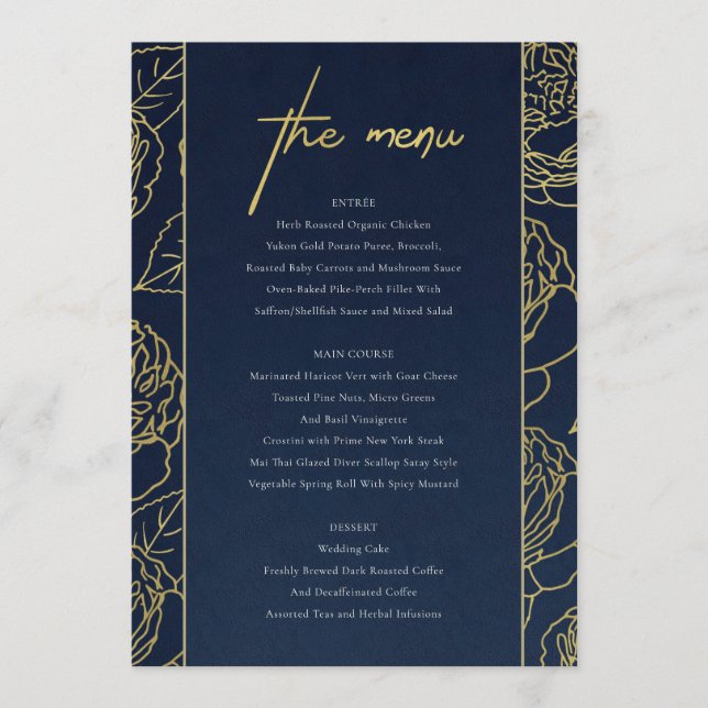 LUXE NAVY IMITATS GOLD KRAFT ELEGANT ROSE FLORAL M MENÜKARTE (Vorderseite)