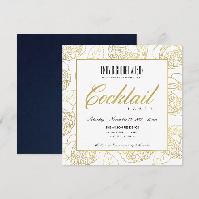 LUXE NAVY IMITATS GOLD ROSE FLORAL COCKTAIL PARTY EINLADUNG (Vorne/Hinten)