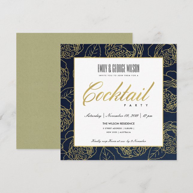 LUXE NAVY IMITATS GOLD ROSE FLORAL COCKTAIL PARTY EINLADUNG (Vorne/Hinten)