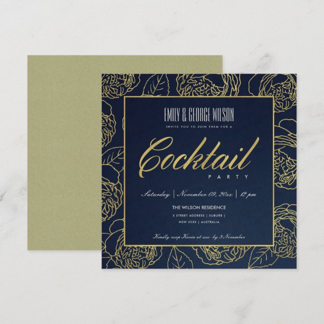 LUXE NAVY IMITATS GOLD ROSE FLORAL COCKTAIL PARTY EINLADUNG (Vorne/Hinten)