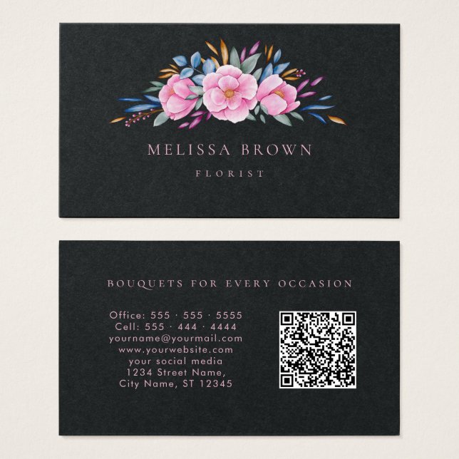 Luxe noir rose floral moderne Aquarelle QR Code (Devant & derrière)
