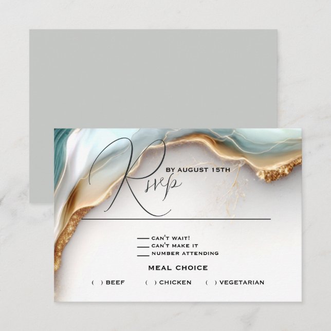 Luxe Opal Aquamarin Gold Fluid Alcohol Ink RSVP Karte (Vorne/Hinten)