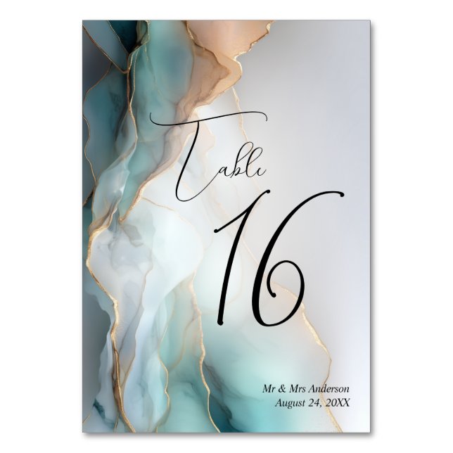 Luxe Opal Aquamarin Gold Fluid Alcohol Ink Tischnummer (Vorderseite)