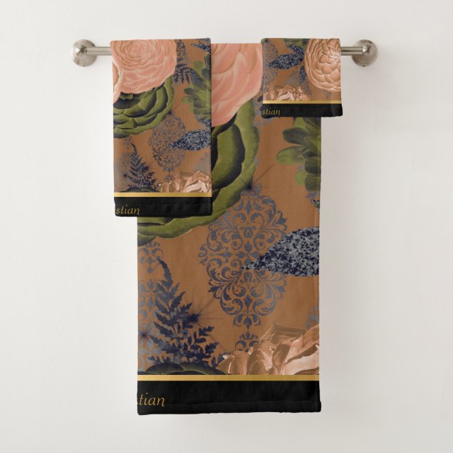 LUXE ORANGE PEACH BLACK FLORAL TOWEL SET (Insitu)