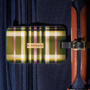 Luxe Personalisiert Olivgrün, Gold & Rosa Plaid Gepäckanhänger