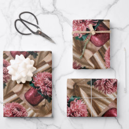 Luxe Pink Chrysanthemums Gold Wrapping Paper Set Geschenkpapier Set